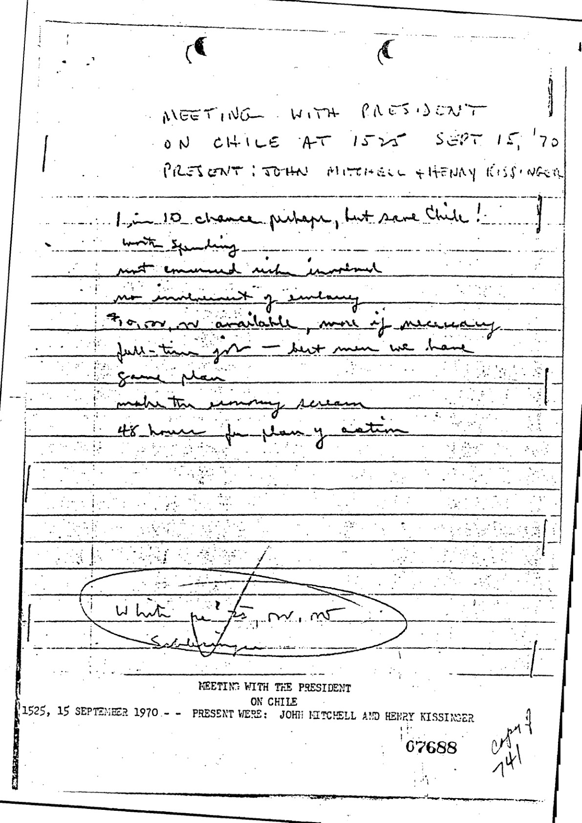 Richard Helms’s handwritten notes of Nixon’s Chile directive, 15 September 1970